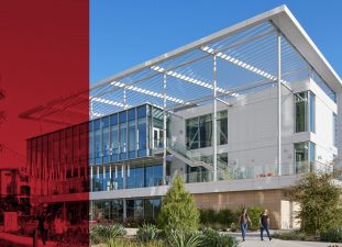 View of the backside of the Exchange Building with an outdoor terrace
