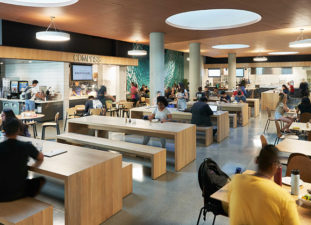 students gathered in the dining space