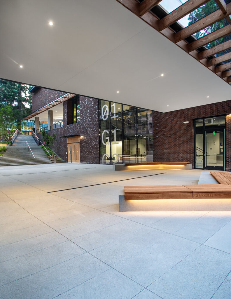 Exterior bench area of the University of Washington Interdisciplinary Engineering Building