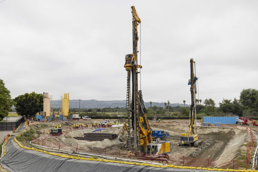 Hensel Phelps employees and stakeholders viewing the Cement Deep Soil Mixing (CDSM) technique at the Whittier Narrows WRP.