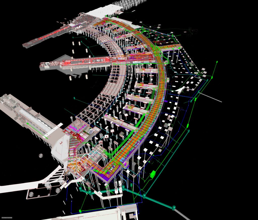 The Harvey Milk Terminal 1 project required extensive 3D coordination of the underground utilidor systems, which served as a critical backbone for routing major MEPF infrastructure throughout the terminal.