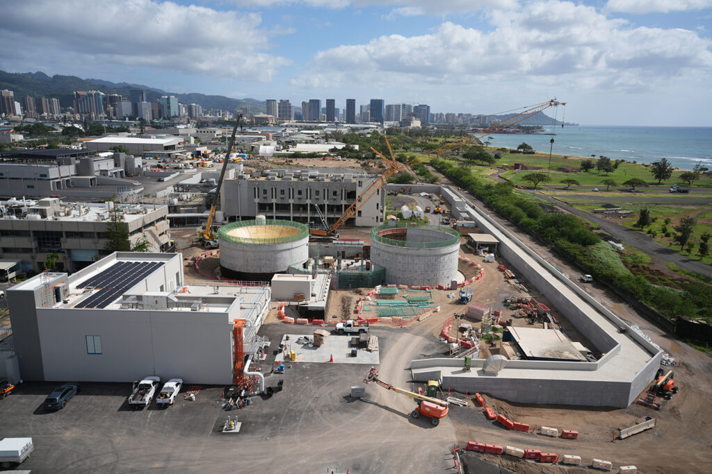 Hensel Phelps crews completed a continuous 24-hour concrete placement for the inverted cone hopper foundation of a new anaerobic digester at the Synagro In-Vessel Bioconversion Facility Upgrades project at the Sand Island Wastewater Treatment Plant in Honolulu, Hawaii.