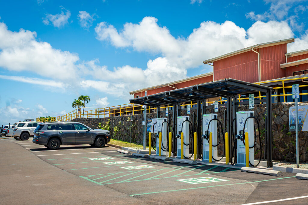 The new EV charging station at Kapalua Airport in Lahaina features four 150-kilowatt direct current fast chargers