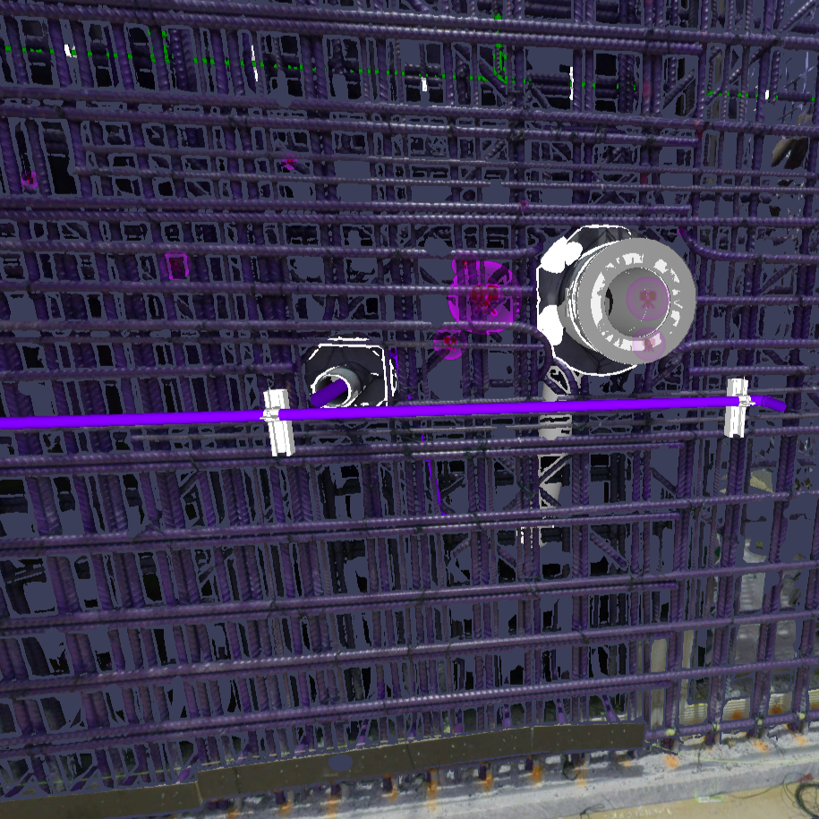 3D model shows pipe through flange in rebar