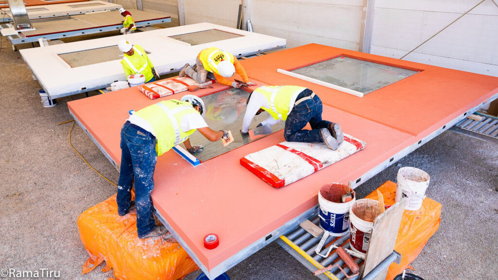 Exterior insulation and finish systems (EIFS) panels being built